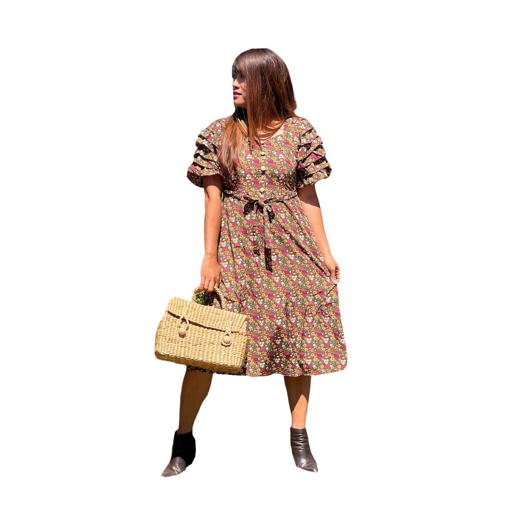 NWT Vintage Retro Style Gorgeous Brown Dress Midi Dress Floral Tie Back SML